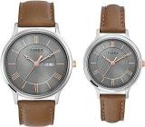 TIMEX Leather Unisex Pairs Grey Round Analog Brass Dial Watch Tw00Pr300