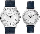 TIMEX Leather Unisex Pairs Silver Round Analog Brass Dial Watch Tw00Pr298