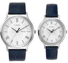 TIMEX Leather Unisex Pairs Silver Round Analog Brass Dial Watch Tw00Pr298