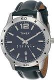 TIMEX Men Leather Analog Blue Dial Watch Tw000U931, Band Color Black