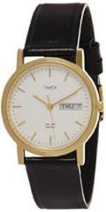 TIMEX Men's Leather Classics Quartz Analog White Dial Round Case Day Date Function Watch A500, Band Color Black