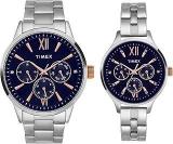 TIMEX Stainless Steel Unisex Pairs Blue Round Multifunction Dial Analog Watch Tw00Pr305