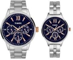 TIMEX Stainless Steel Unisex Pairs Blue Round Multifunction Dial Analog Watch Tw00Pr305