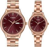 TIMEX Unisex Adult Stainless Steel Burgundy Round Analog Pair Analogue Watch Tw00Zp005, Band Color:Rose Gold