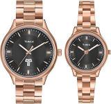 TIMEX Unisex Adult Unisex Stainless Steel Black Round Analog Pair Analogue Watch Tw00Zp009, Band Color:Rose Gold