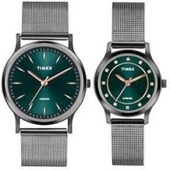 TIMEX Unisex Green Round Analog Pair Stainless Steel Watch Tw00Zp003