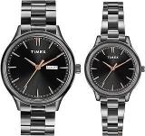 TIMEX Unisex Stainless Steel Black Dial&Band Round Analog Pair Watch Tw00Zp007