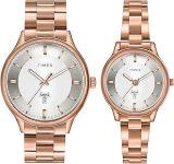 TIMEX Unisex Stainless Steel Silver Dial Round Analog Pair Watch Tw00Zp008, Band Color Rose Gold