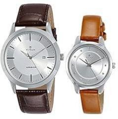 Titan Modern Bandhan Analog Silver Dial Unisex's Watch NL15842481SL01/NR15842481SL01P Genuine Leather, Brown Strap