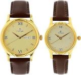 Titan Unisex Leather Analog Gold Dial Watch Nl15802490Yl05/Nr15802490Yl05P, Band Color Brown