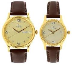 Titan Unisex Leather Analog Gold Dial Watch Nl15802490Yl05/Nr15802490Yl05P, Band Color Brown