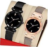 Acnos 4 Point Rose Gold and Black Color with Trending Magnetic Analogue Metal Strap Watches for Girl's and Women's Pack of 2 P 180 200