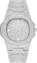 Analog Full Diamond Silver Chronograph Unisex Watch