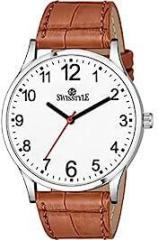 Analog Men's Watch White Dial Brown Colored Strap