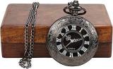 ARTVARKO Unisex Antique Black Vintage Style Round Dial Quartz Locket Pocket Watch With Wooden Box