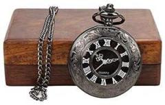 ARTVARKO Unisex Antique Black Vintage Style Round Dial Quartz Locket Pocket Watch with Wooden Box