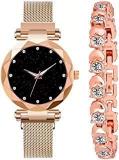 BID Analogue 4 Point Diamond Studded Black Dial Chain Magnet Watch & Cosmic Bracelet Combo for Girl's & Women's Watch Set of 2