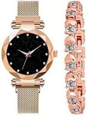 BID Analogue 4 Point Diamond Studded Black Dial Chain Magnet Watch & Cosmic Bracelet Combo for Girl's & Women's Watch Set of 2