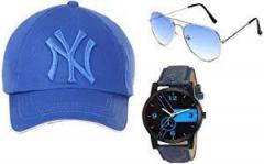 BID Unisex Combo Sun glass Analogue Watch and Cap Blue