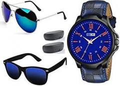 Black Half Black Full Black Shades Sunglasses and Watche Combo for Fashion Sports Luxury Casual Analogue Quartz Black Dial Black Synthetic Strap Stylish Latest Men's Watch Blue and Black