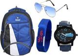 BLUTECH Fabric 30 LTR Blue Laptop Backpack+Analogue Watch Blue+Led Watch Blue Aviator