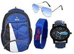 BLUTECH Fabric 30 LTR Blue Laptop Backpack+Analogue Watch Blue+Led Watch Blue Aviator