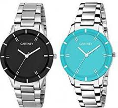 CARTNEY Colors Analog Girl's Watch Black Dial, Silver Colored Strap Pack of 2