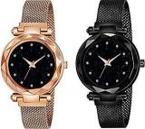 Casera Black Round Diamond Dial With Latest Generation Black & Rose Gold Magnet Belt Analogue Watch For Women Pack Of 2