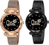 Casera Queen Round Dial With Latest Stylish Black & Rose Gold Magnet Belt Analogue Watch For Women