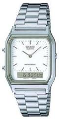 Casio Vintage Series Analog Digital Black Dial Unisex Watch AQ 230A 7DMQ AD03 Stainless Steel, White Strap