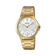 Casio Women Stainless Steel Analog White Dial Watch Ltp V300G 7Audf, Band Color Gold