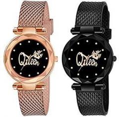 CERO Pack of 2 Queen Dial Analog Black and Gold Casual Belt Women's and Girl's Watch