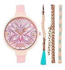 Chumbak Teal by Chumbak Pixie Feathers Watch & Bracelet Set Baby Pink Jewelry Watch, Wrist Watch for Women, Dress Watch, Fashion Accessory with Bracelet Set, Slim Strap