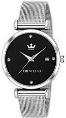 CRESTELLO Analogue Women's Watch Black Dial Silver Colored Strap