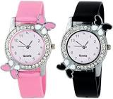 Crispy Analog Butterfly Diamond Studded Watch Combo for Womens Pink and Black