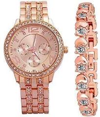 Diamond Studded Stylish Analogue Watch with Rose Gold Dot Bracelet for Girls & Women