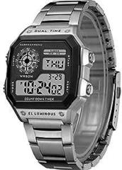 Digital Sports Square Black Dial Stainless Steel Strap Unisex Watch Black Dial & Silver Colored Strap WCH53