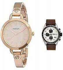 Fossil Analog Rose Gold Dial women & Chronograph Silver Dial Men BQ3026 + CH2882