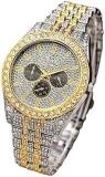 Generic Analog Gold Silver Two Tone Round Diamond Chronograph Unisex Watch