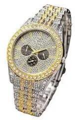 Generic Analog Gold Silver Two Tone Round Diamond Chronograph Unisex Watch