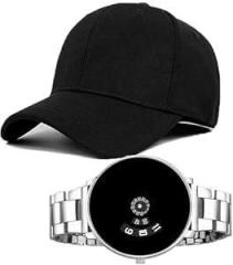 Generic Unisex Black Cap with Buckle Stylish Design & Black Men's and Boy's Paidu Analog Watch Combo Pack of 2