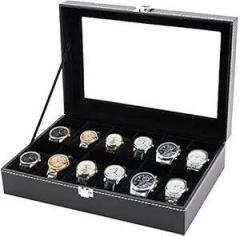 Generic ZenWood Unisex 12 Slots Watch Box Organizer PU Leather Watches Display Case Storage Boxes with Crystal Glass Lid Outside Color Black/Inside Color Black Velvet