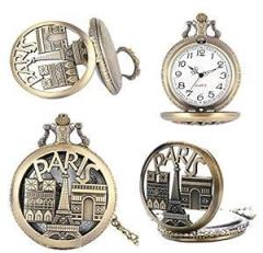 Gold Time Pocket Watch Gift | Paris Tower Embossing | Numerical Dial | Metal Keychain Design | Bronze | Vintage | Antique Style Unisex Watch for Men Woman