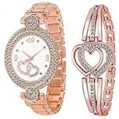 GOLDENIZE FASHION New Rose Gold Heart Diamond Dial Analogue Watch with Fabulous Bracelet Combo for Girl's & Women's Watches