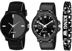 GOLDENIZE FASHION Stylish Black Analogue Unisex Watches with King Bracelet for Boys & Men [ Combo of 3 ]