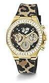 GUESS US Women's Gold Tone and Animal Print Silicone Multifunction Watch