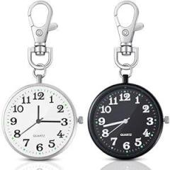 Junkin 2 Pieces Quartz Pocket Watch with Key Buckle Round Pocket Watch Keychain Watch Portable Unisex Watch