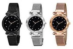 KIARVI GALLERY Analog Gold Black and Silver 12 Diamond Dial Magnetic Metal Strap Women's Watch Pack of 3