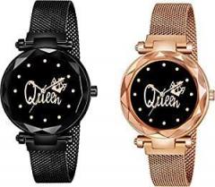 KIARVI GALLERY Black and Gold Queen Dial Designer with Magnetic Metal Strap Analog Watch for Girl's and Women Pack of 2