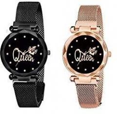 KIARVI GALLERY Black and Gold Queen Dial Designer with Magnetic Metal Strap Analog Watch for Girl's and Women Packof 2